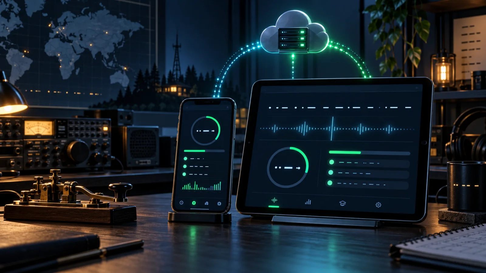 iPad and iPhone Morse training interfaces connected to a secure progress-sync service