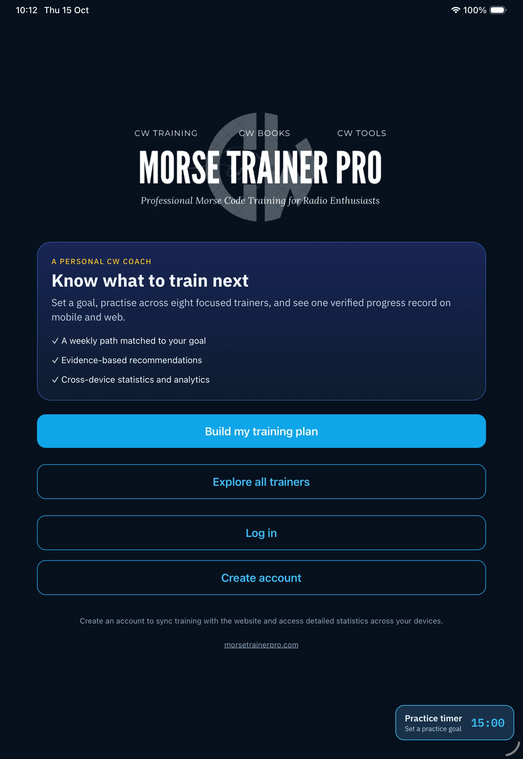 Morse Trainer Pro 1.3.4 on iPad with the Practice Timer visible