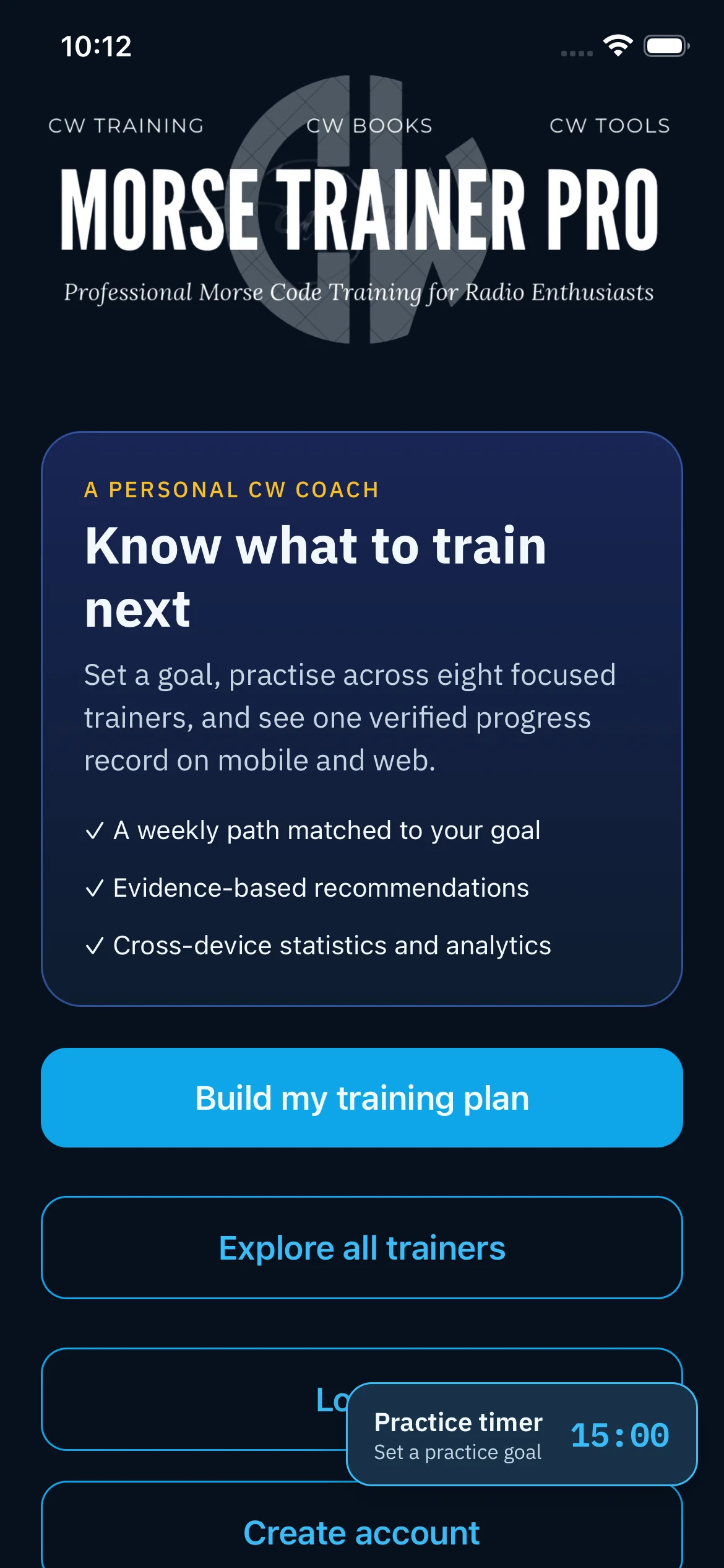 Morse Trainer Pro 1.3.4 on iPhone with the Practice Timer visible