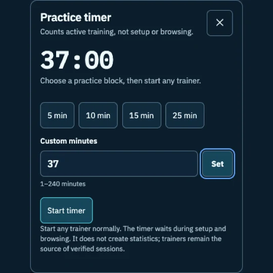 Practice timer with quick presets and a custom minute field waiting for an active trainer session