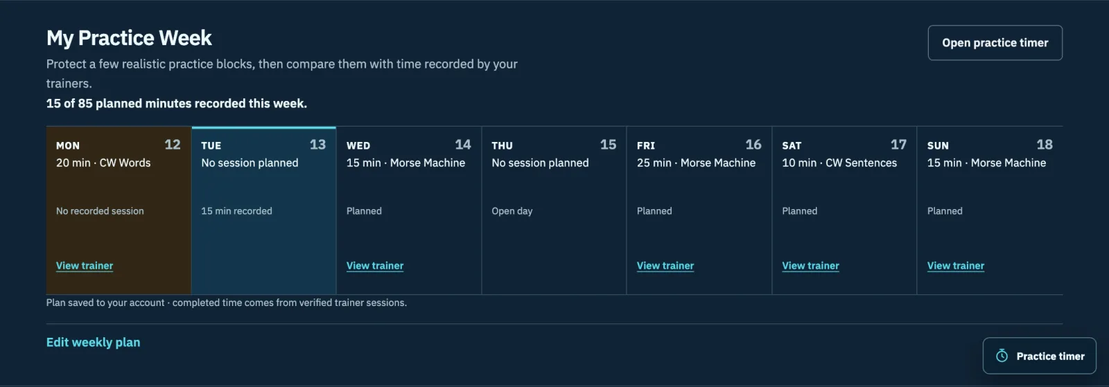My Practice Week showing seven days, planned trainers, planned minutes, and verified time recorded