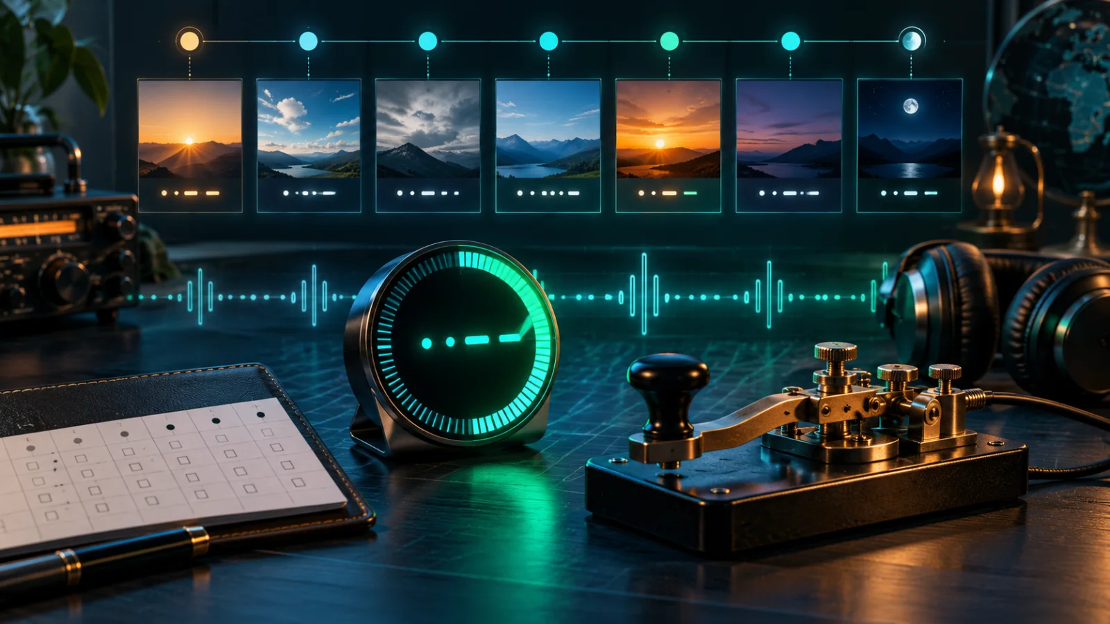 Seven-day Morse practice calendar beside a countdown timer, CW key, and headphones